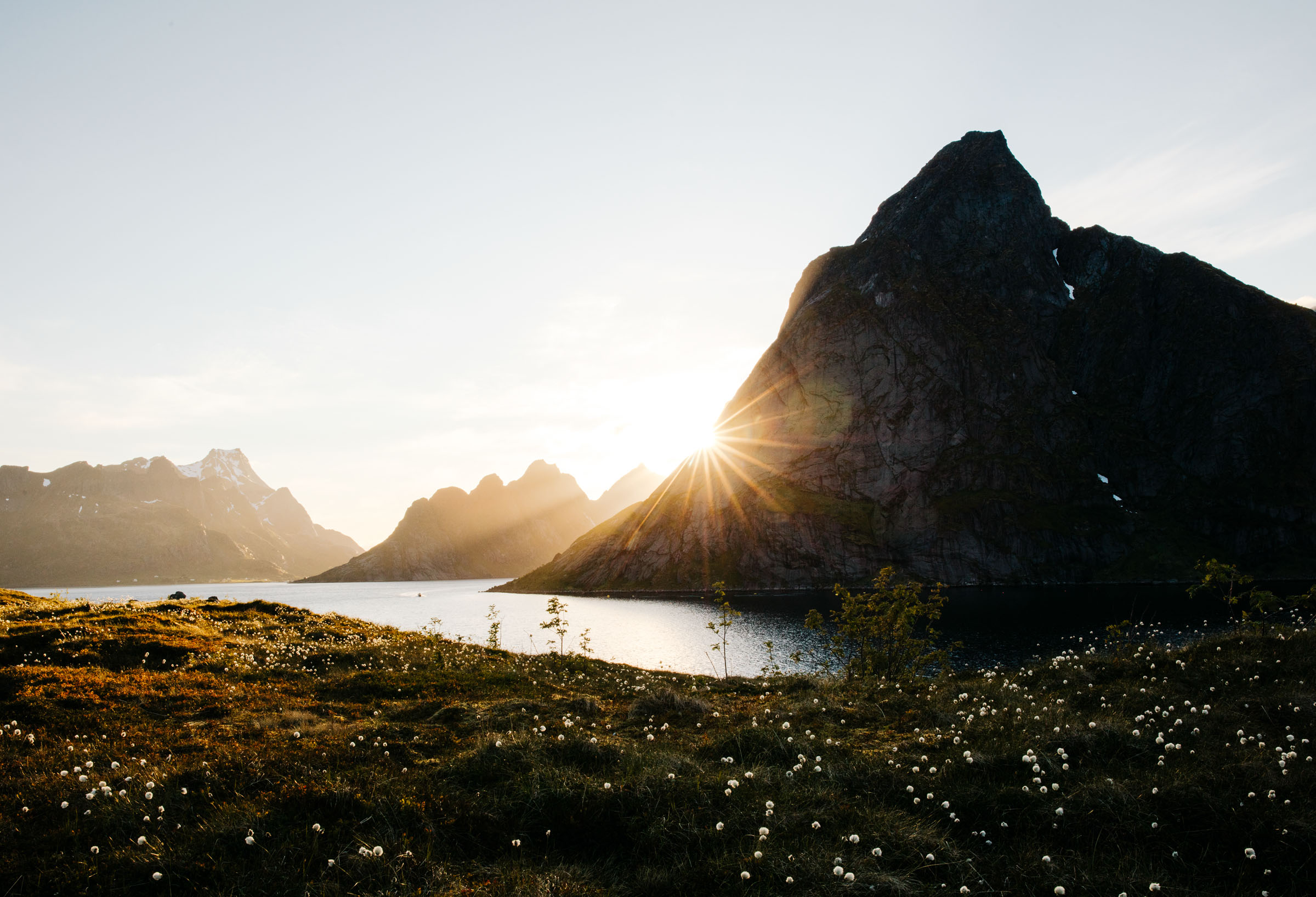 Midnight sun over Reine, Norway, in the Lofoten Islands.